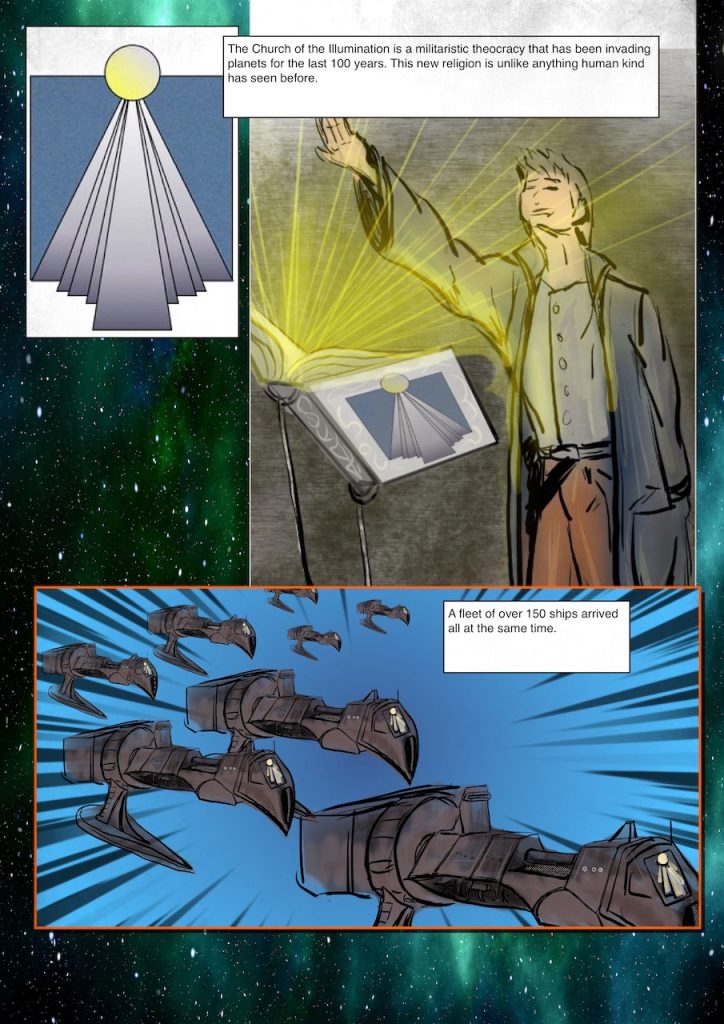 Star-Fall Actual Play comic. Church of the Illumination fleet invades the planet Warzod 